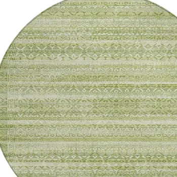 8' Sage And Ivory Round Striped Washable Indoor Outdoor Area Rug