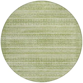 8' Sage And Ivory Round Striped Washable Indoor Outdoor Area Rug