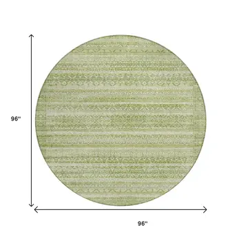 8' Sage And Ivory Round Striped Washable Indoor Outdoor Area Rug