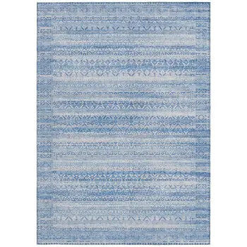 5' X 8' Sky Blue And Ivory Striped Washable Indoor Outdoor Area Rug