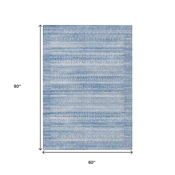 5' X 8' Sky Blue And Ivory Striped Washable Indoor Outdoor Area Rug