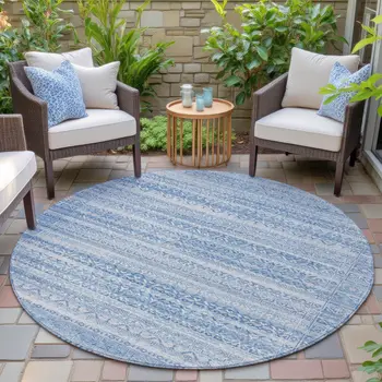 8' Sky Blue And Ivory Round Striped Washable Indoor Outdoor Area Rug
