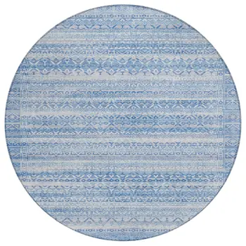 8' Sky Blue And Ivory Round Striped Washable Indoor Outdoor Area Rug