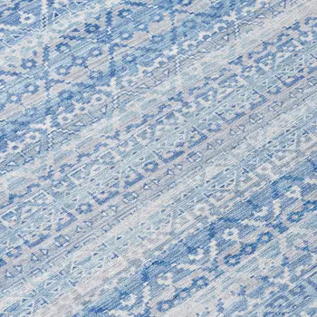 8' Sky Blue And Ivory Round Striped Washable Indoor Outdoor Area Rug