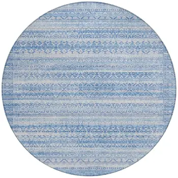 8' Sky Blue And Ivory Round Striped Washable Indoor Outdoor Area Rug