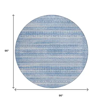 8' Sky Blue And Ivory Round Striped Washable Indoor Outdoor Area Rug