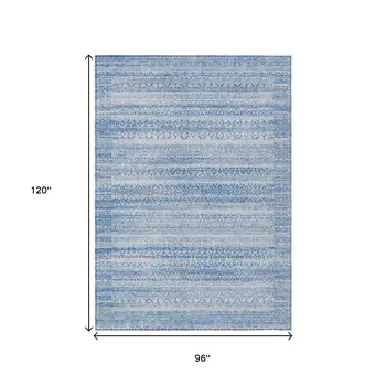 8' X 10' Sky Blue And Ivory Striped Washable Indoor Outdoor Area Rug