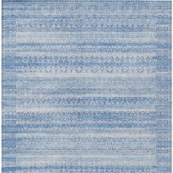 9' X 12' Sky Blue And Ivory Striped Washable Indoor Outdoor Area Rug