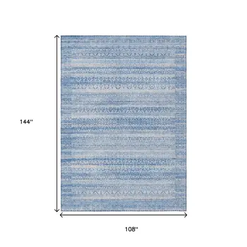 9' X 12' Sky Blue And Ivory Striped Washable Indoor Outdoor Area Rug