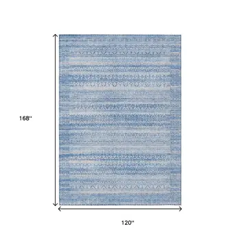 10' X 14' Sky Blue And Ivory Striped Washable Indoor Outdoor Area Rug