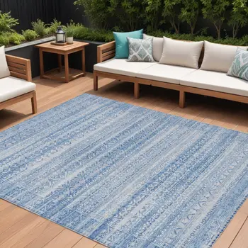 10' X 14' Sky Blue And Ivory Striped Washable Indoor Outdoor Area Rug