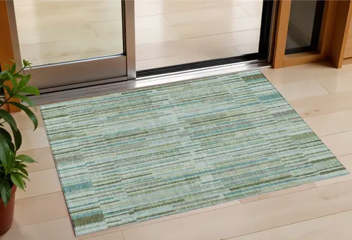 3' X 5' Artichoke Green And Teal Blue Striped Washable Indoor Outdoor Area Rug