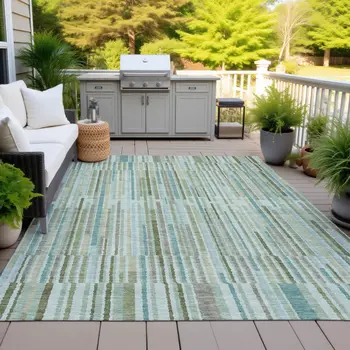 3' X 5' Artichoke Green And Teal Blue Striped Washable Indoor Outdoor Area Rug