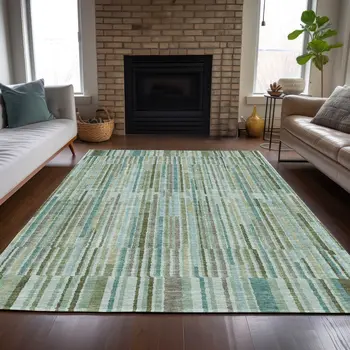 3' X 5' Artichoke Green And Teal Blue Striped Washable Indoor Outdoor Area Rug