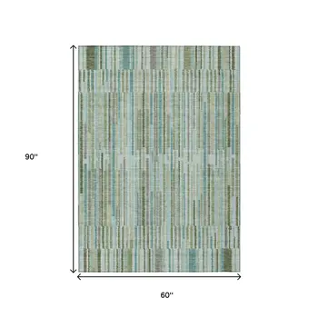 5' X 8' Artichoke Green And Teal Blue Striped Washable Indoor Outdoor Area Rug