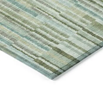 5' X 8' Artichoke Green And Teal Blue Striped Washable Indoor Outdoor Area Rug