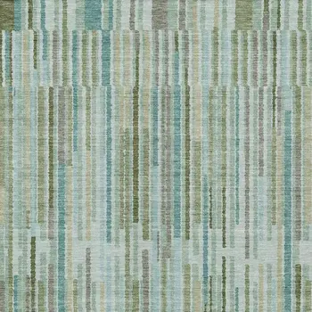 5' X 8' Artichoke Green And Teal Blue Striped Washable Indoor Outdoor Area Rug
