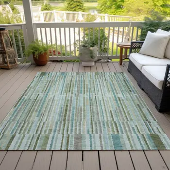 8' X 10' Artichoke Green And Teal Blue Striped Washable Indoor Outdoor Area Rug