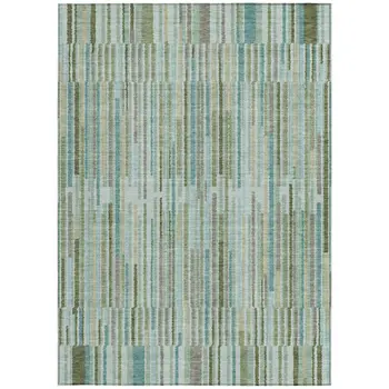 9' X 12' Artichoke Green And Teal Blue Striped Washable Indoor Outdoor Area Rug