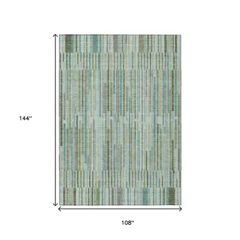 9' X 12' Artichoke Green And Teal Blue Striped Washable Indoor Outdoor Area Rug