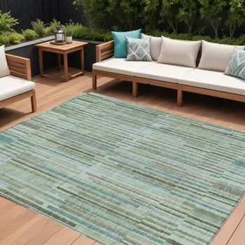 10' X 14' Artichoke Green And Teal Blue Striped Washable Indoor Outdoor Area Rug