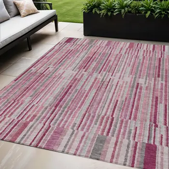 5' X 8' Blush And Ivory Striped Washable Indoor Outdoor Area Rug