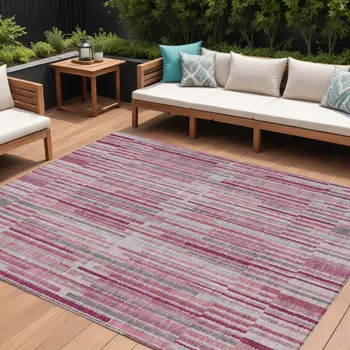 9' X 12' Blush And Ivory Striped Washable Indoor Outdoor Area Rug