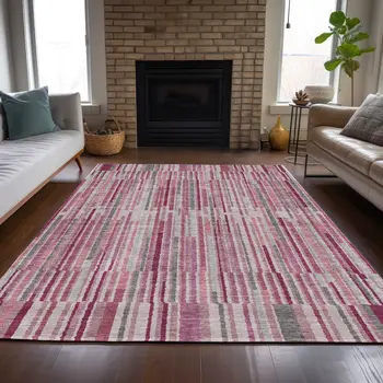 9' X 12' Blush And Ivory Striped Washable Indoor Outdoor Area Rug