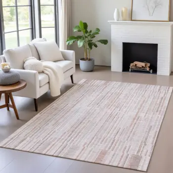 3' X 5' Coral And Beige Striped Washable Indoor Outdoor Area Rug