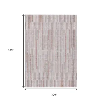 10' X 14' Coral And Beige Striped Washable Indoor Outdoor Area Rug