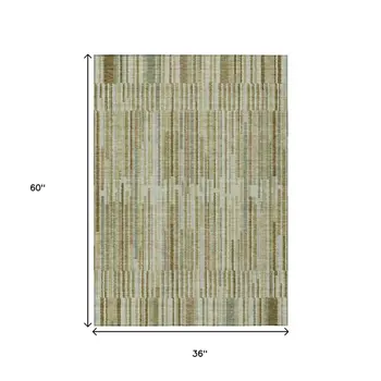 3' X 5' Khaki And Olive Green Striped Washable Indoor Outdoor Area Rug