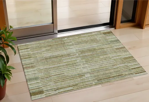 3' X 5' Khaki And Olive Green Striped Washable Indoor Outdoor Area Rug