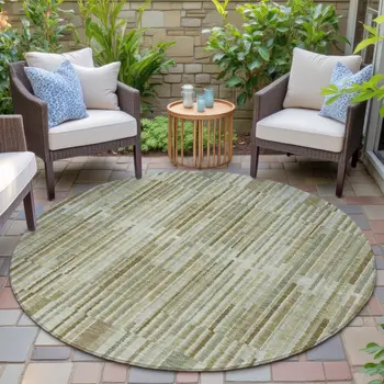 8' Khaki And Olive Green Round Striped Washable Indoor Outdoor Area Rug