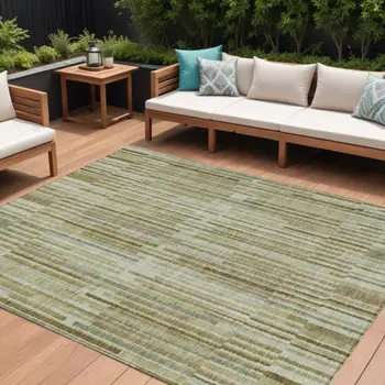 8' X 10' Khaki And Olive Green Striped Washable Indoor Outdoor Area Rug