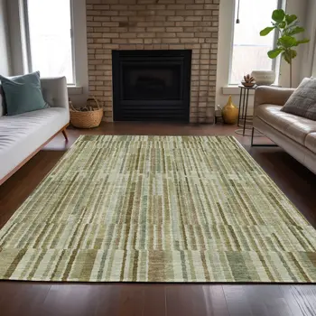 9' X 12' Khaki And Olive Green Striped Washable Indoor Outdoor Area Rug