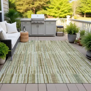 10' X 14' Khaki And Olive Green Striped Washable Indoor Outdoor Area Rug