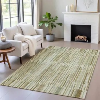 10' X 14' Khaki And Olive Green Striped Washable Indoor Outdoor Area Rug