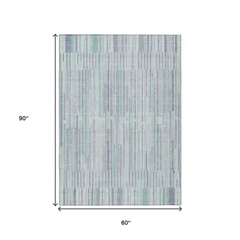 5' X 8' Mint Green And Ivory Striped Washable Indoor Outdoor Area Rug