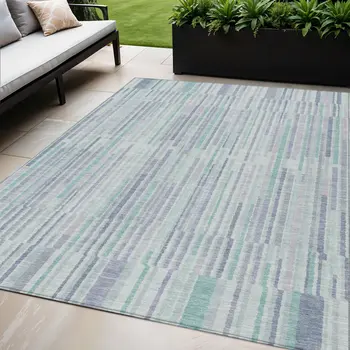 5' X 8' Mint Green And Ivory Striped Washable Indoor Outdoor Area Rug