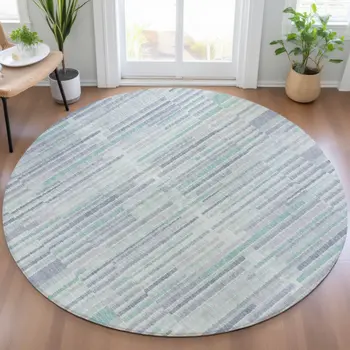 8' Mint Green And Ivory Round Striped Washable Indoor Outdoor Area Rug
