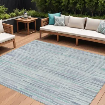 9' X 12' Mint Green And Ivory Striped Washable Indoor Outdoor Area Rug