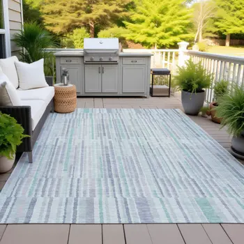9' X 12' Mint Green And Ivory Striped Washable Indoor Outdoor Area Rug