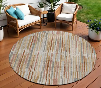 8' Rust And Ivory Round Striped Washable Indoor Outdoor Area Rug