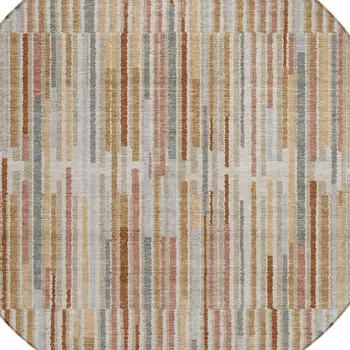 8' Rust And Ivory Round Striped Washable Indoor Outdoor Area Rug