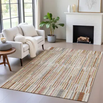 8' X 10' Rust And Ivory Striped Washable Indoor Outdoor Area Rug
