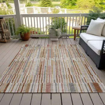 9' X 12' Rust And Ivory Striped Washable Indoor Outdoor Area Rug