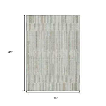 3' X 5' Sage And Ivory Striped Washable Indoor Outdoor Area Rug
