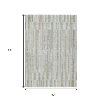 5' X 8' Sage And Ivory Striped Washable Indoor Outdoor Area Rug
