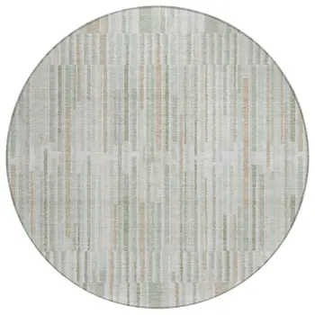 8' Sage And Ivory Round Striped Washable Indoor Outdoor Area Rug