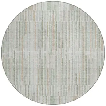 8' Sage And Ivory Round Striped Washable Indoor Outdoor Area Rug